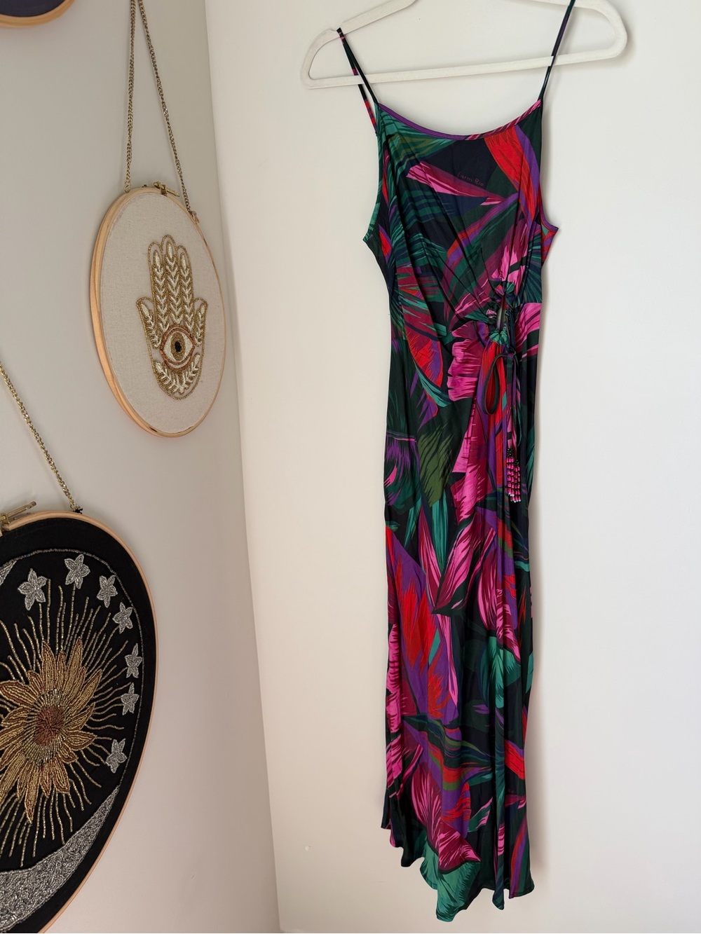 Farm Rio green pink tropical keyhole beaded spaghetti strap midi slip dress
